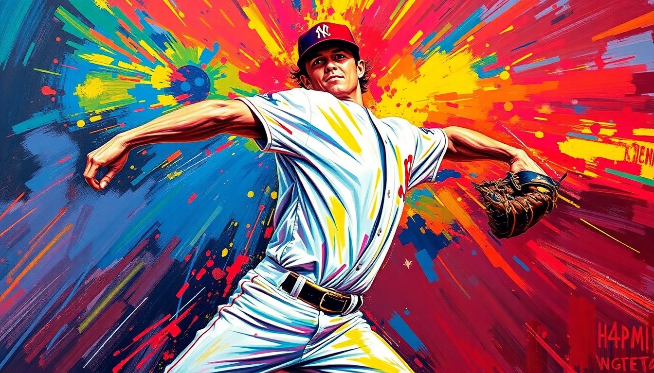 An abstract, expressionist painting in vibrant neon colors depicts a baseball pitcher in mid-delivery, his form dissolving into energetic brushstrokes that convey the raw power and emotion of the moment.