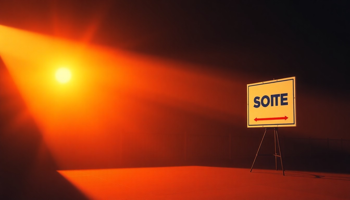 A solitary campaign sign or podium is bathed in warm, diagonal sunlight and deep shadows, creating a cinematic, nostalgic mood that captures the essence of a local political outsider's independent bid for office.