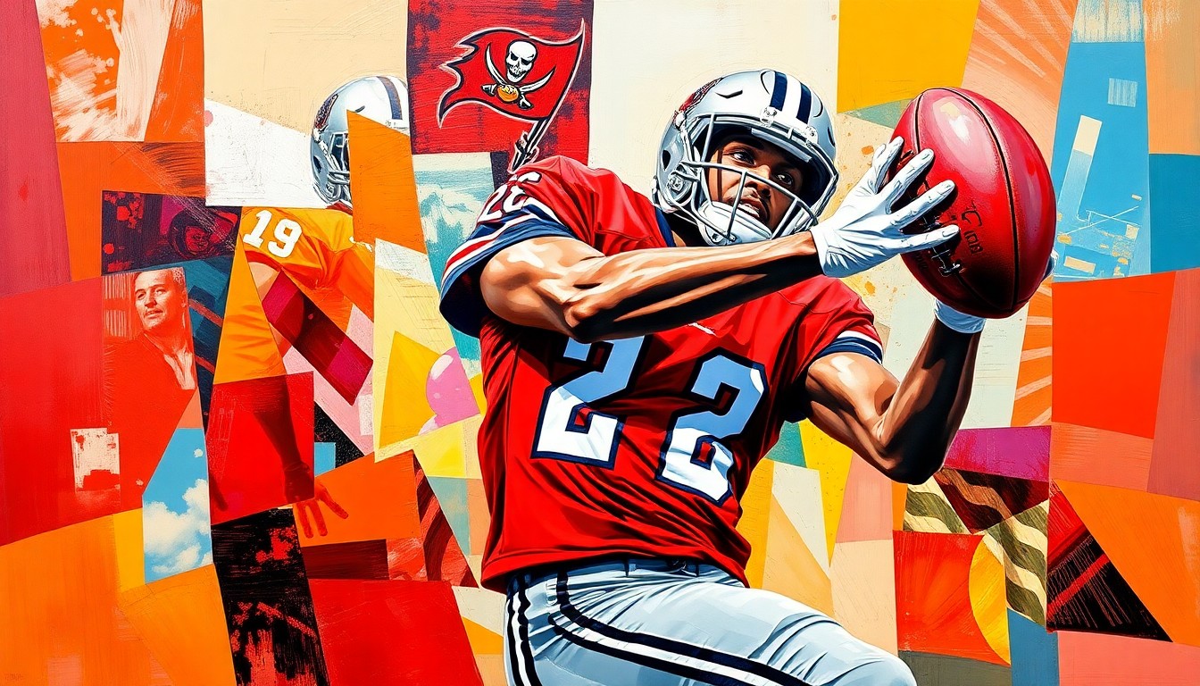 A fragmented, cubist-style painting depicting a football player in mid-catch, with the player's body and the ball broken down into sharp, overlapping geometric shapes in the Buccaneers' team colors of red, pewter, and orange, conveying the dynamic and unpredictable nature of the NFL Draft.