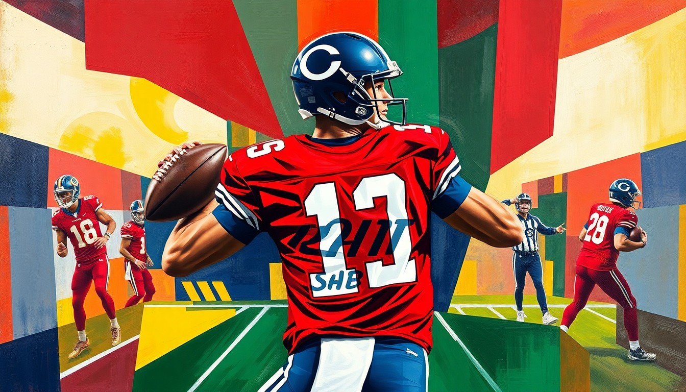 A fractured, multi-perspective painting featuring sharp, overlapping geometric planes in vibrant colors, conceptually representing the top quarterback prospects in the 2026 NFL Draft and their varied playing styles.