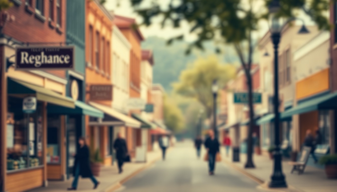 An abstract, out-of-focus photograph in warm, muted tones depicting a small-town main street scene with blurred storefronts and pedestrians, conveying a sense of nostalgia and community.