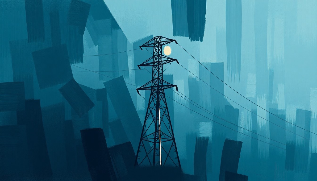 A fragmented, abstract painting of an electrical power structure in shades of blue, gray, and red, conveying a sense of disruption and instability in the energy infrastructure.