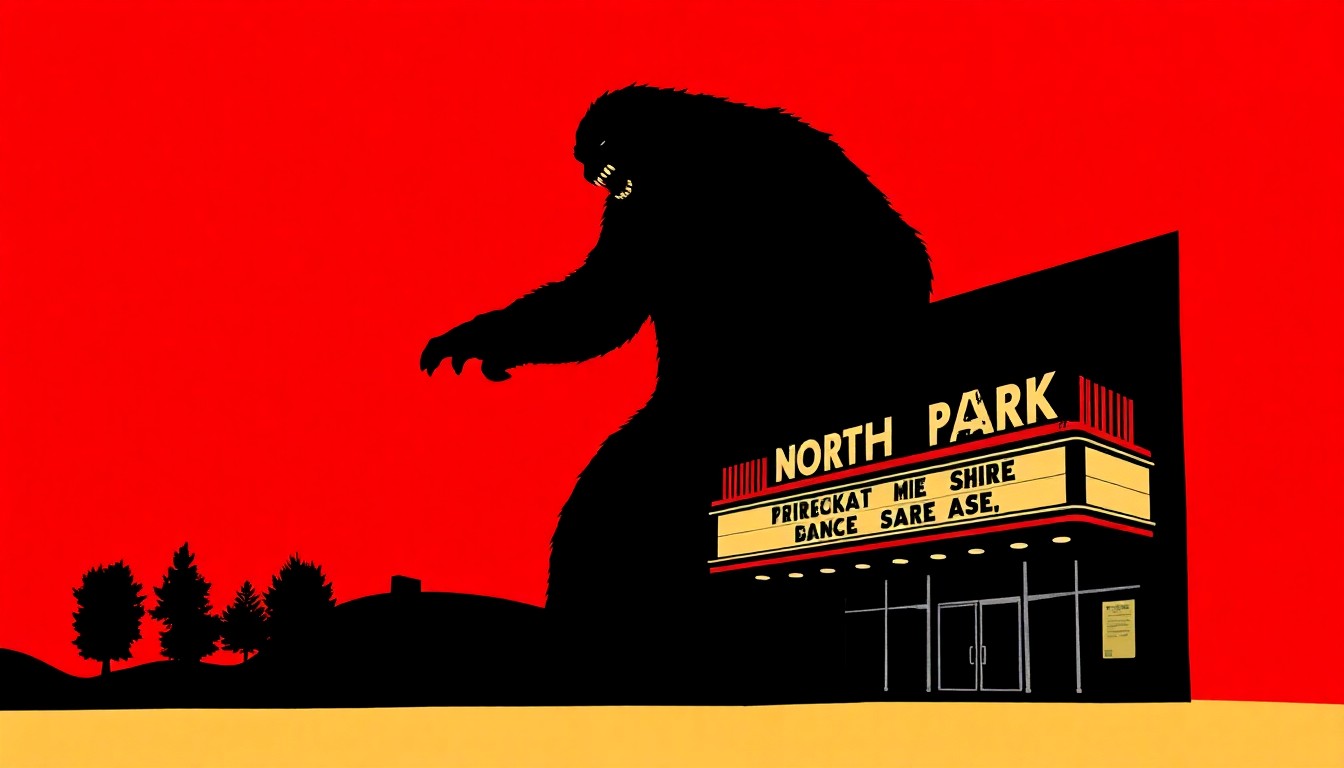 A bold, graphic poster design featuring stark black silhouettes of a towering, yeti-like creature and the North Park Theatre's iconic marquee, using high-contrast solid colors to create an ominous, mysterious mood.