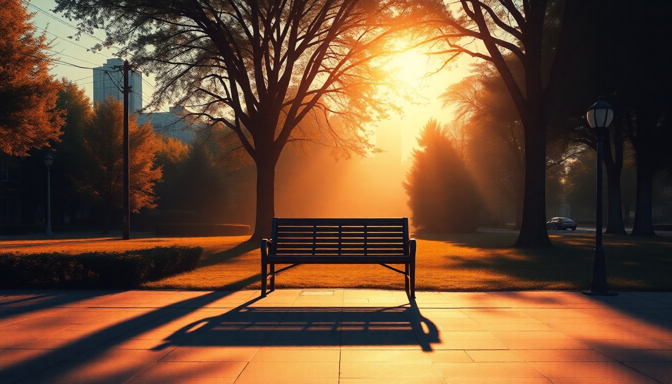 A serene, painterly scene of a park bench in a sunlit urban setting, conveying a sense of refuge and community in the face of heightened immigration enforcement.
