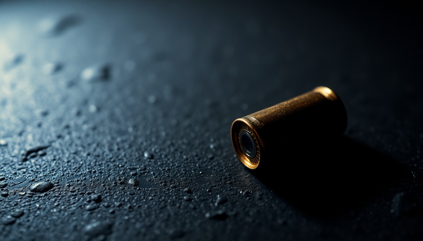 An extreme close-up photograph of a single spent bullet casing on a dark, textured surface, lit by a harsh, direct camera flash, conveying the stark, gritty aftermath of a tragic shooting incident.