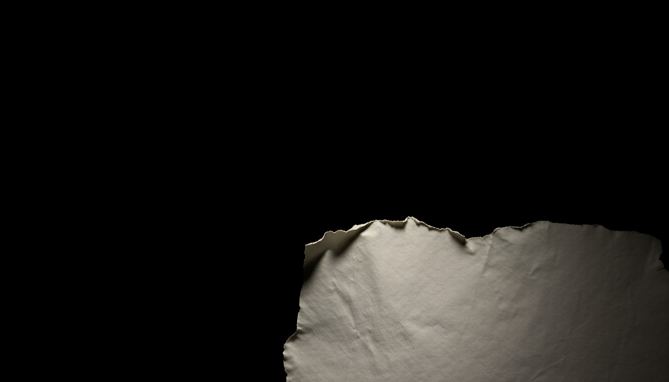 An extreme close-up photograph of a crumpled, torn piece of paper with faint handwritten text, dramatically lit by a harsh camera flash against a dark background, conceptually representing the physical evidence in the domestic violence case.