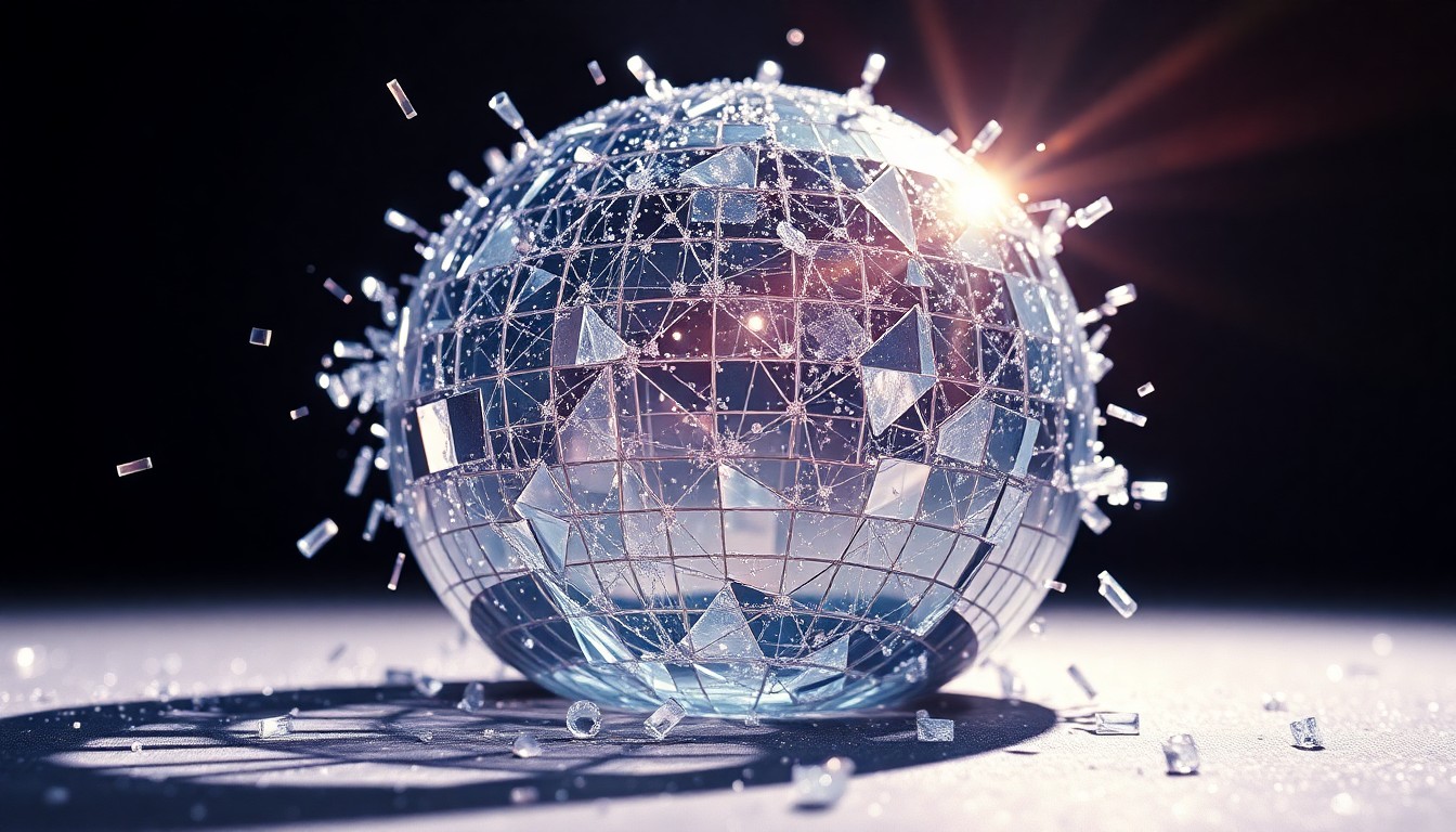 An extreme close-up photograph of shattered, glittering disco glass in high-contrast studio lighting, conceptually representing the album's expansive sonic imagination.