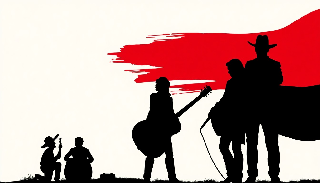 A minimalist, graphic illustration featuring bold black silhouettes of a cowboy, a guitar, and other Western motifs against a backdrop of striking red and white shapes, conceptually representing the themes of music, storytelling, and family entertainment at the upcoming Cowboy Family Night event.
