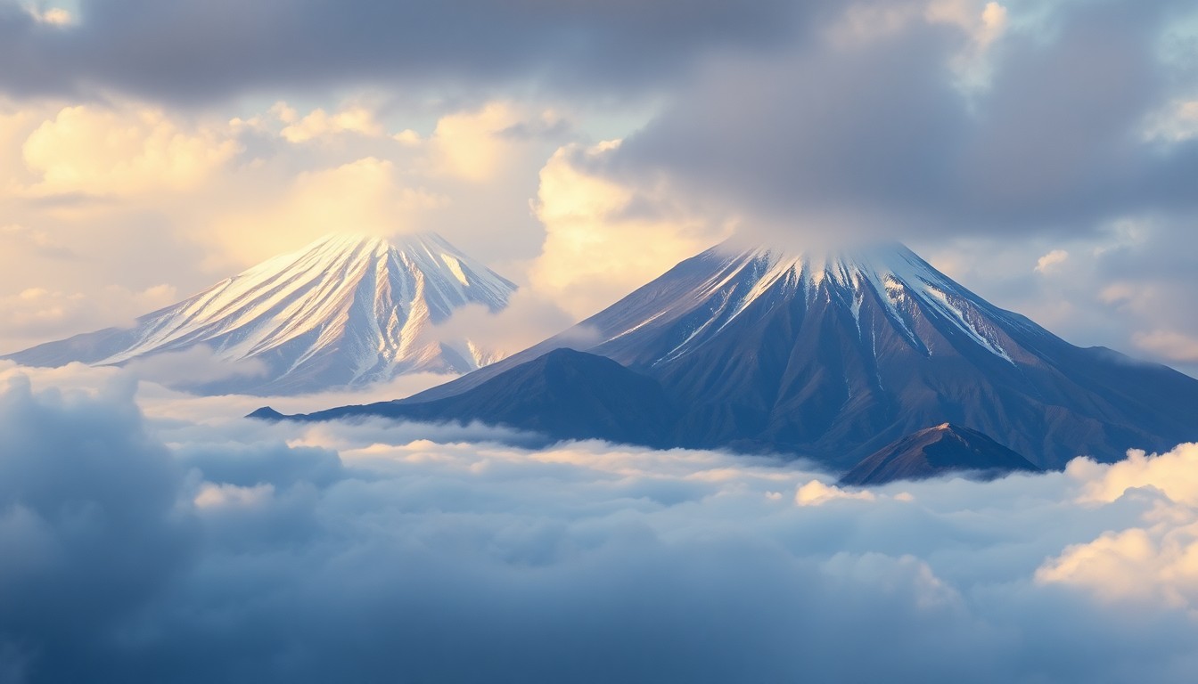 A sweeping, atmospheric landscape painting depicting the snow-capped peaks of Mauna Kea and Mauna Loa shrouded in heavy fog and dramatic lighting, conveying the overwhelming scale and sublime power of Hawaii's volcanic summits.