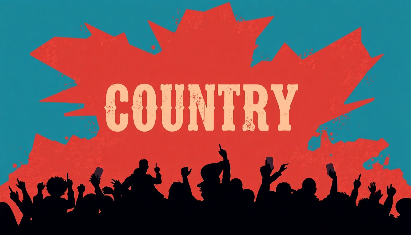 An abstract, minimalist illustration featuring overlapping, jagged silhouettes in shades of blue, rose, and brown, capturing the energy and authenticity of a country music performance.