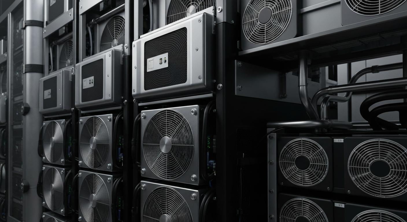 An extreme close-up of industrial Ethereum mining equipment, including server racks, cooling systems, and power supplies, conveying the scale and complexity of the technology powering the cryptocurrency network.