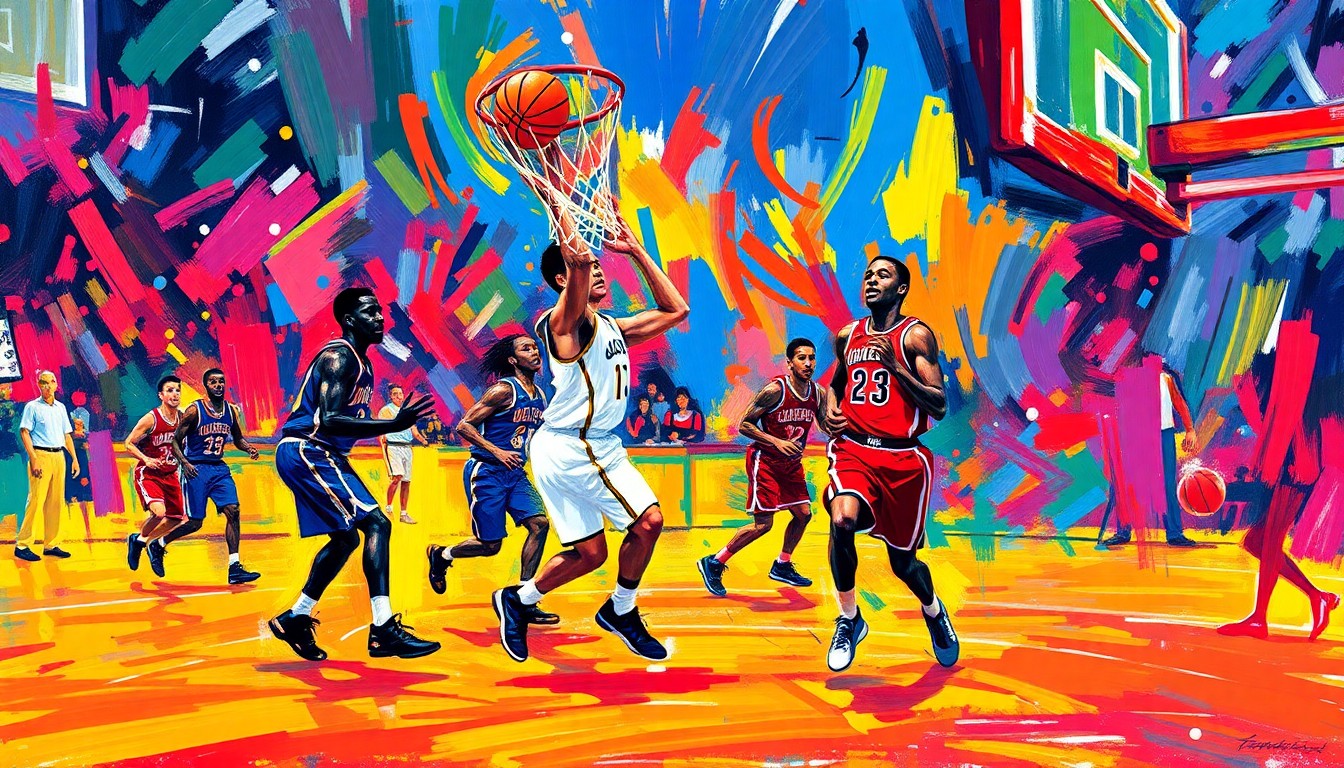 An abstract, energetic painting in vibrant neon colors, with rapid brushstrokes capturing the raw intensity and movement of a high school basketball game.