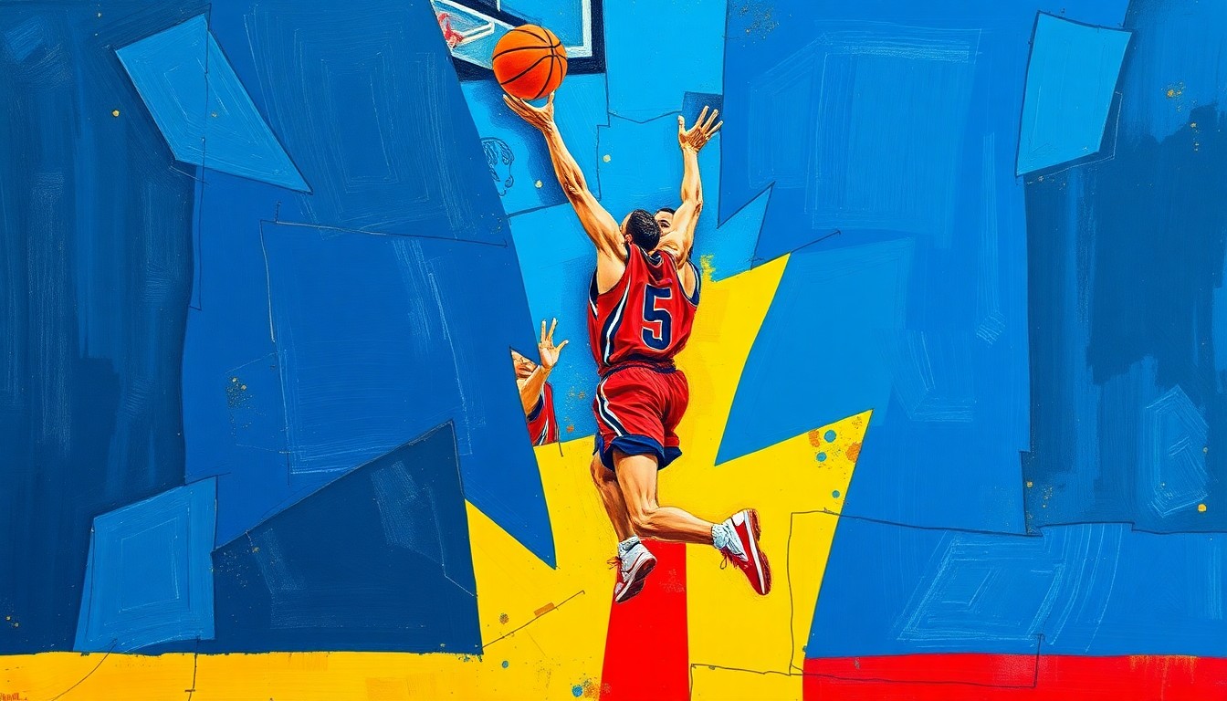 A fragmented, cubist-style painting depicting a basketball player in mid-jump shot, with the figure broken down into sharp, overlapping geometric shapes in a vibrant color palette, conveying the dynamic energy of the sport.