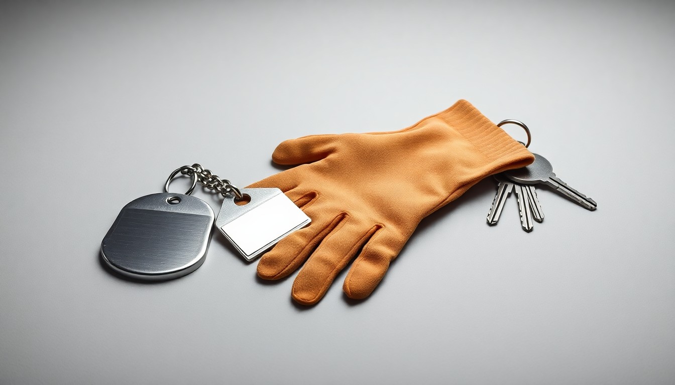 A minimalist studio photograph featuring a polished metal security badge, a worker's glove, and a set of keys arranged elegantly on a clean, monochromatic grey background, conceptually representing the challenges facing low-wage contract employees.
