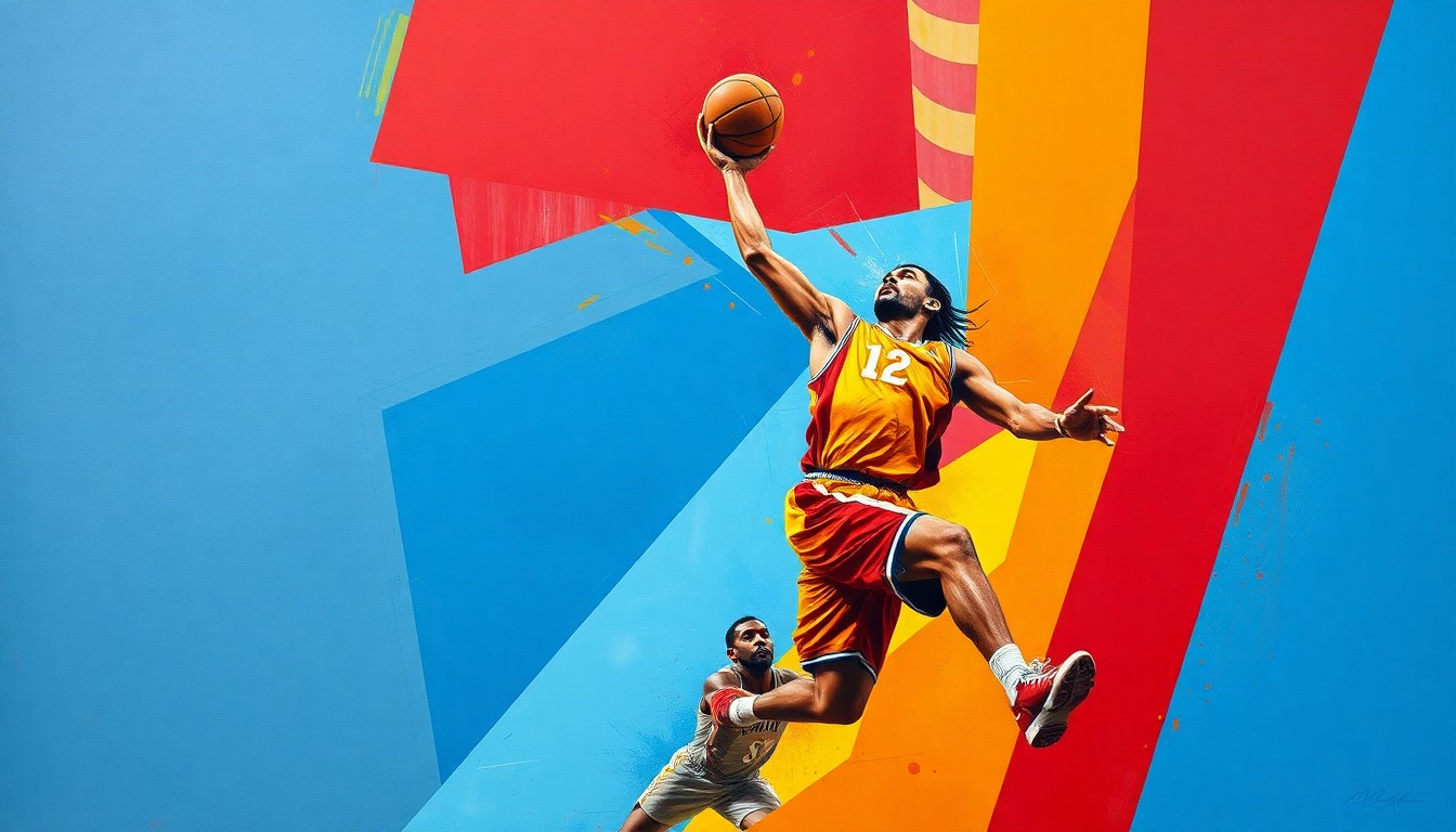 A fragmented, geometric painting depicting a basketball player's actions broken down into sharp, overlapping planes of color, capturing the raw energy and athleticism of the sport.