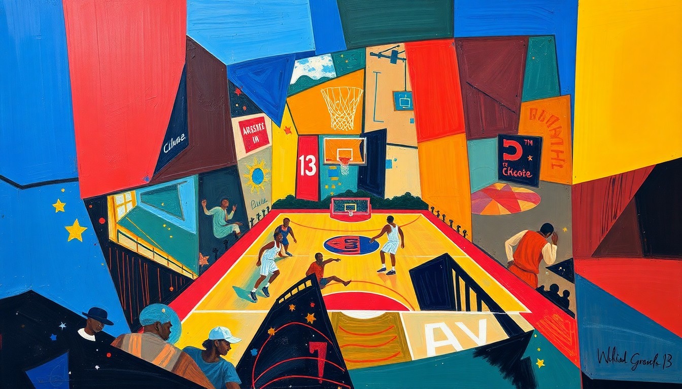 A fractured, multi-perspective painting in bold, vibrant colors, breaking down a basketball scene into sharp, overlapping geometric planes to conceptually represent the heated debate between an NBA player and a fan.