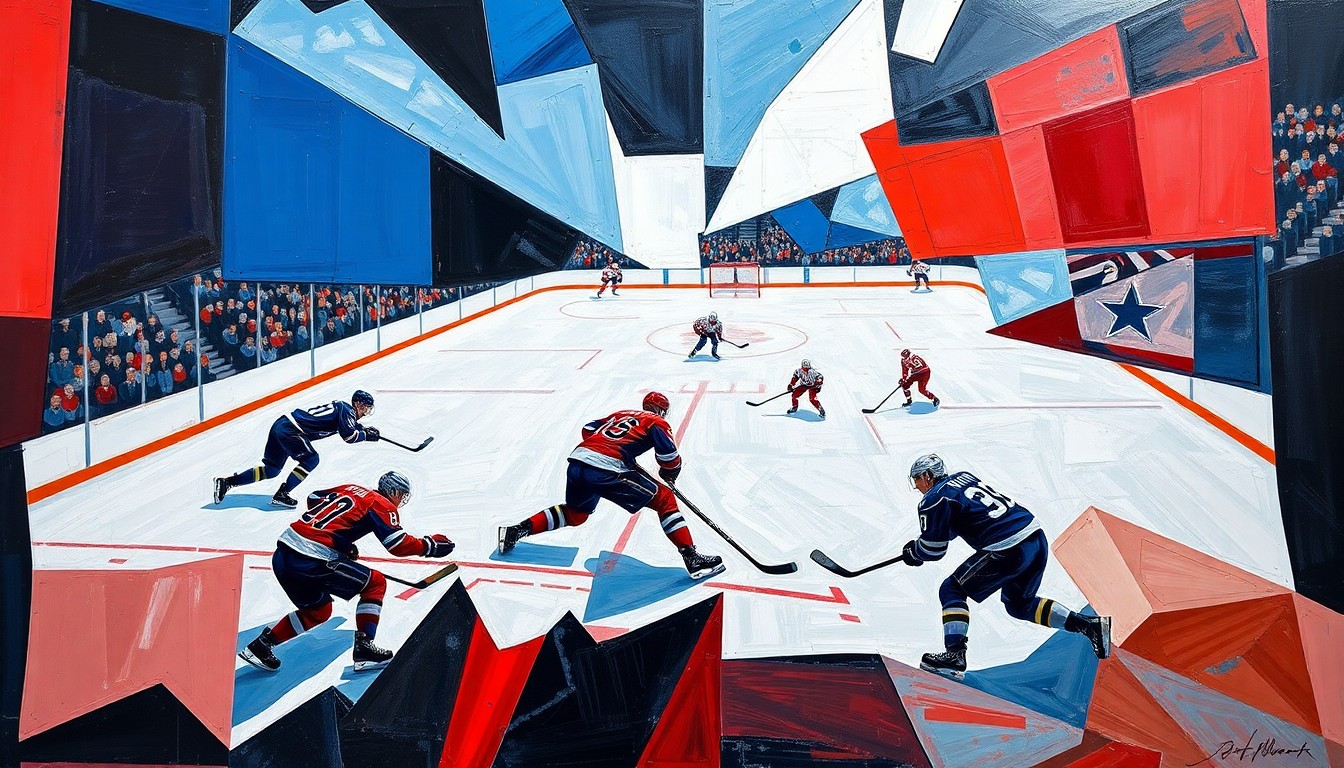 A fragmented, geometric painting in bold blues, reds, and whites, capturing the dynamic motion and energy of a hockey game through an abstract, multi-perspective lens.