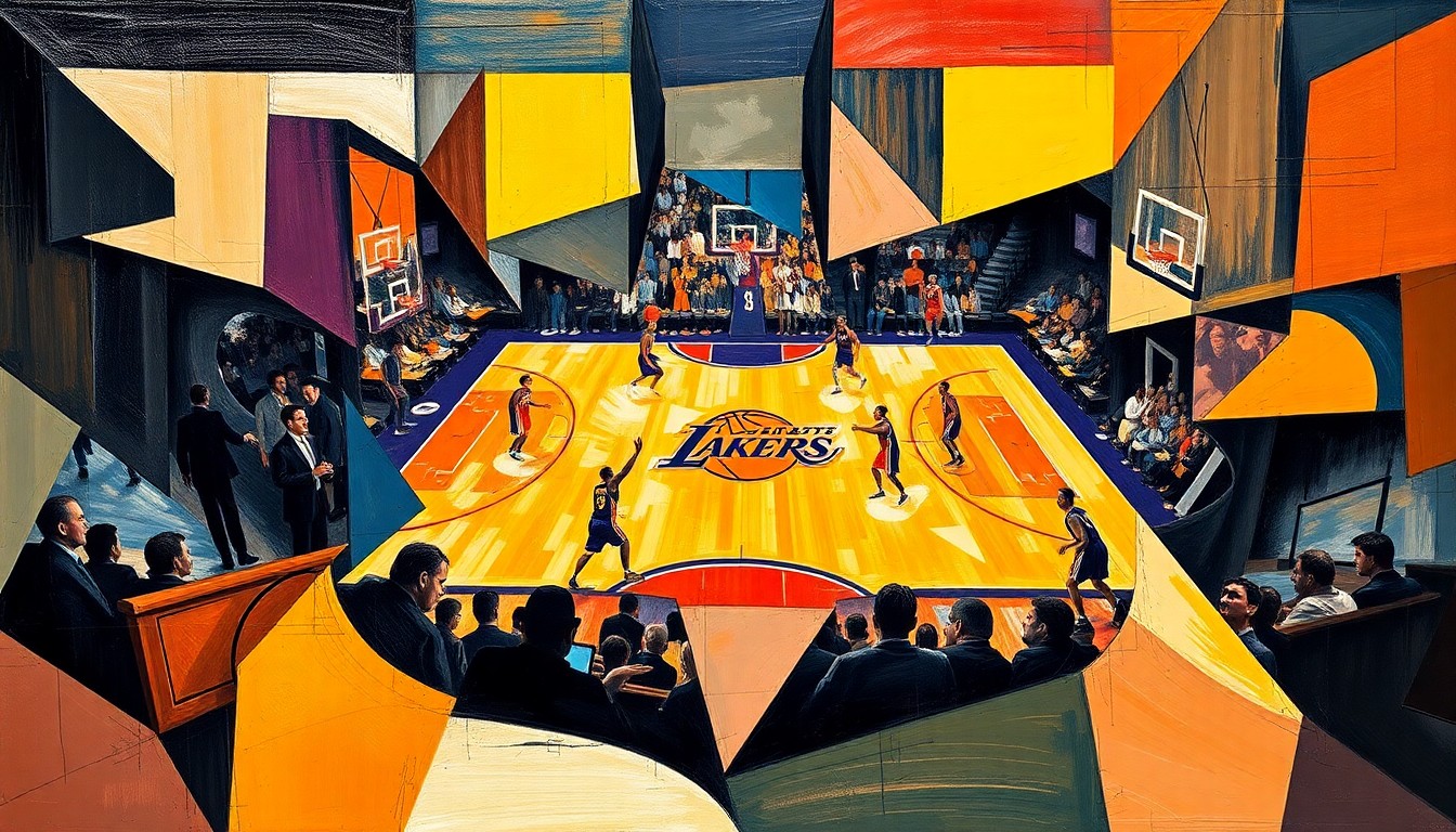A fractured, multi-perspective painting in a cubist style, breaking down a basketball game between the Phoenix Suns and Los Angeles Lakers into sharp, overlapping geometric planes and abstract shapes, capturing the dynamic energy and high-stakes nature of the matchup.