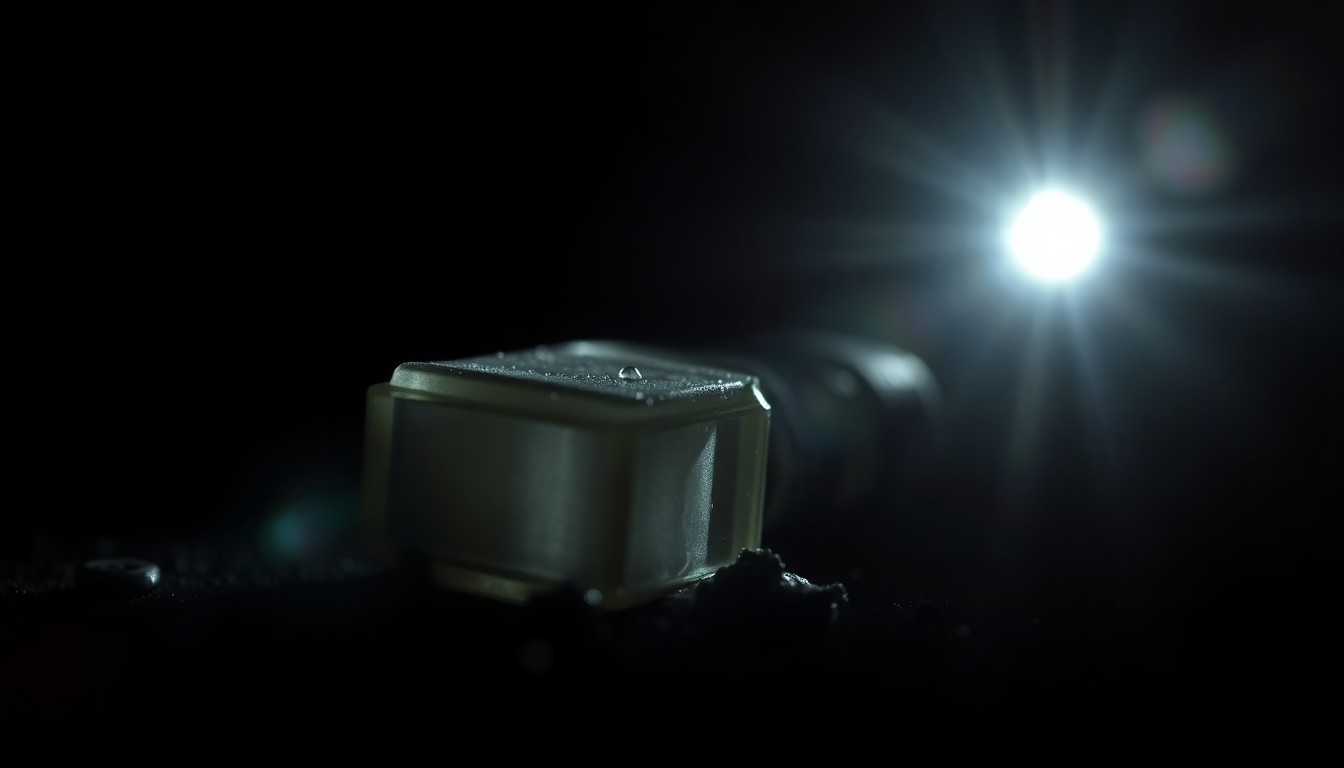 An extreme close-up photograph of a crushed car sensor or piece of vehicle debris, capturing the stark, gritty aftermath of a deadly carjacking incident.