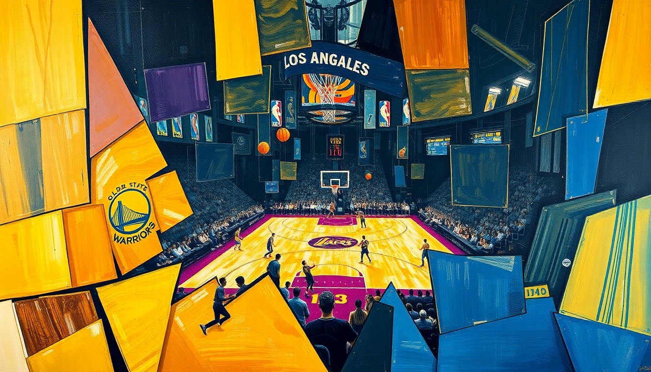 A cubist, fragmented painting depicting a basketball game, with sharp geometric shapes and planes representing the dynamic action on the court.