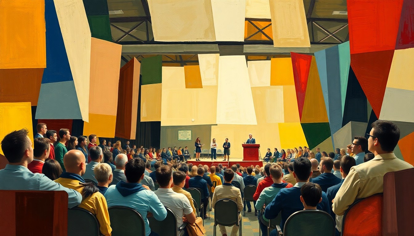 A cubist, geometric painting depicting a high school speech team competition, with overlapping planes of color and shape representing the energy and intensity of the event.