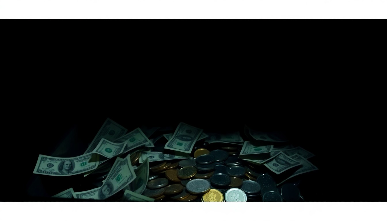 An extreme close-up of a bank teller's drawer with scattered bills and coins, conceptually illustrating the disruption and economic harm caused by a bank robbery in a small community.