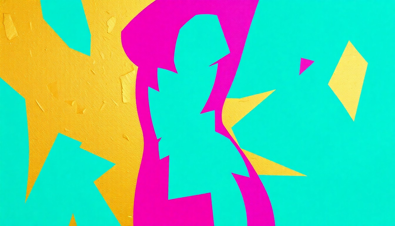 An abstract, minimalist illustration featuring bold, geometric shapes in teal, fuchsia, and gold, conceptually representing the feminine form as a living work of art.