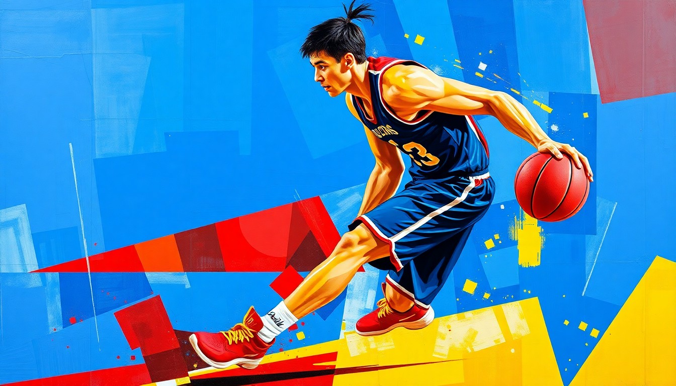 A fragmented, cubist-style painting depicting a college basketball player in motion, with sharp geometric shapes and planes in vibrant colors like blue, red, and yellow.