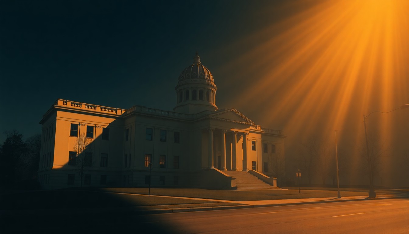 A serene, painterly image of the Nebraska state capitol building, its grand architecture and dome softened by warm, golden light and deep shadows, conveying a sense of quiet contemplation as the legislative session draws to a close.