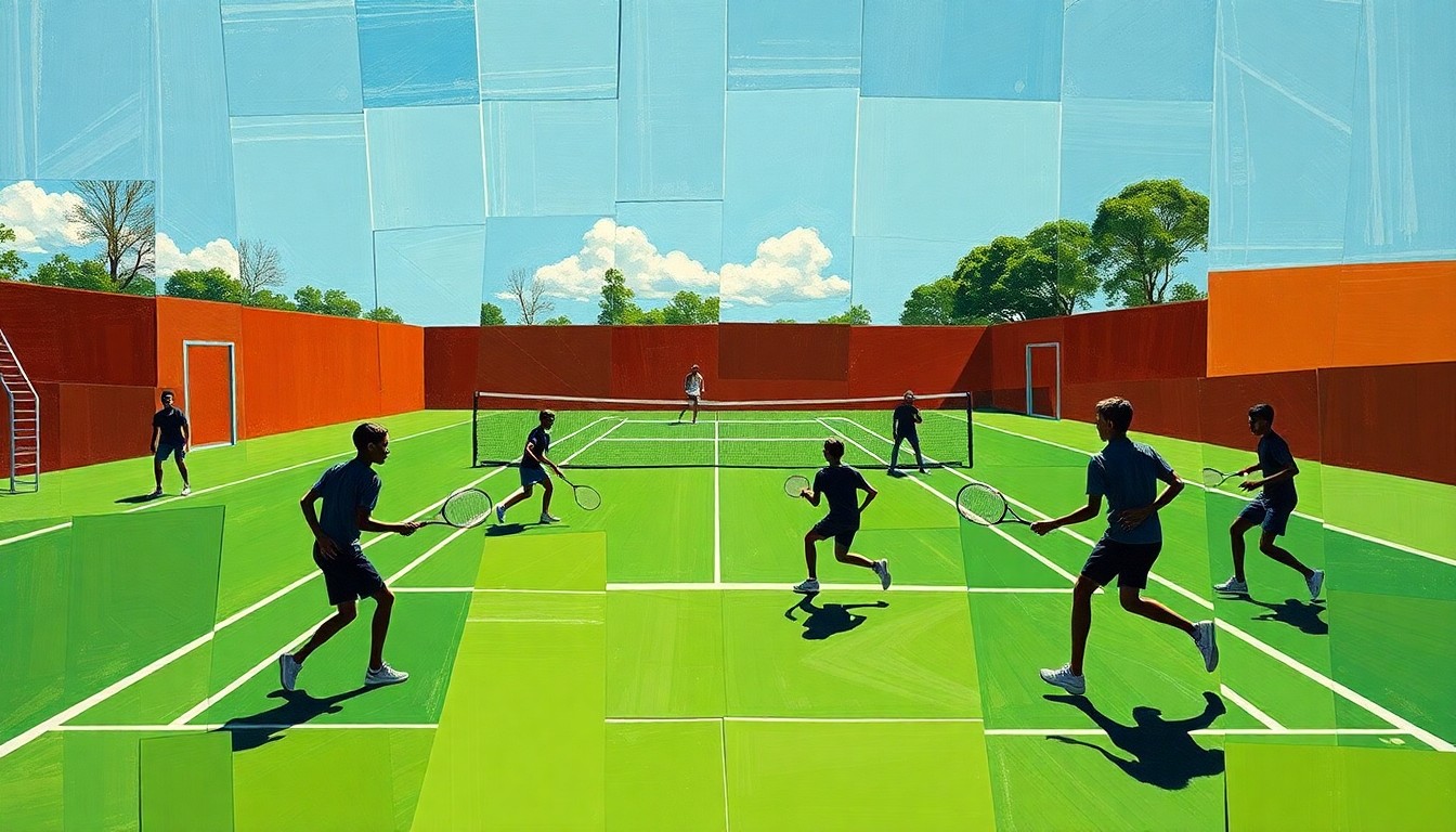 A cubist-style painting depicting a high school tennis match, with the court, balls, and players' movements broken down into sharp, overlapping geometric shapes and planes of bright green, white, and silhouetted figures.