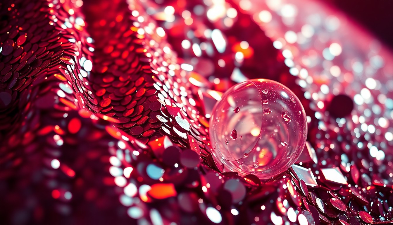 An extreme close-up photograph of sparkling sequins and shattered glass, capturing the luxurious textures and high-energy glamour of Coachella festival fashion.