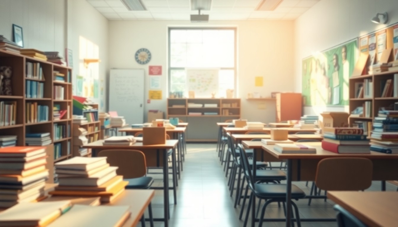 An extremely abstracted, out-of-focus photograph of a classroom filled with various school supplies and learning materials, all captured in a soft, hazy glow of natural light, conveying the nurturing and supportive environment created by a dedicated teacher.