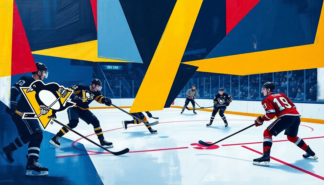 A dynamic, abstract painting featuring overlapping geometric shapes and planes in navy blue, gold, and crimson red, conveying the energy and movement of a hockey game between the Pittsburgh Penguins and New Jersey Devils.