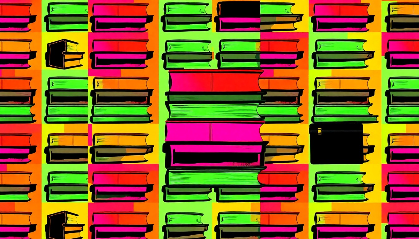 A grid of brightly colored, high-contrast silkscreen images of stacked college textbooks and a briefcase, capturing the energy and excitement of students exploring their post-graduation options.