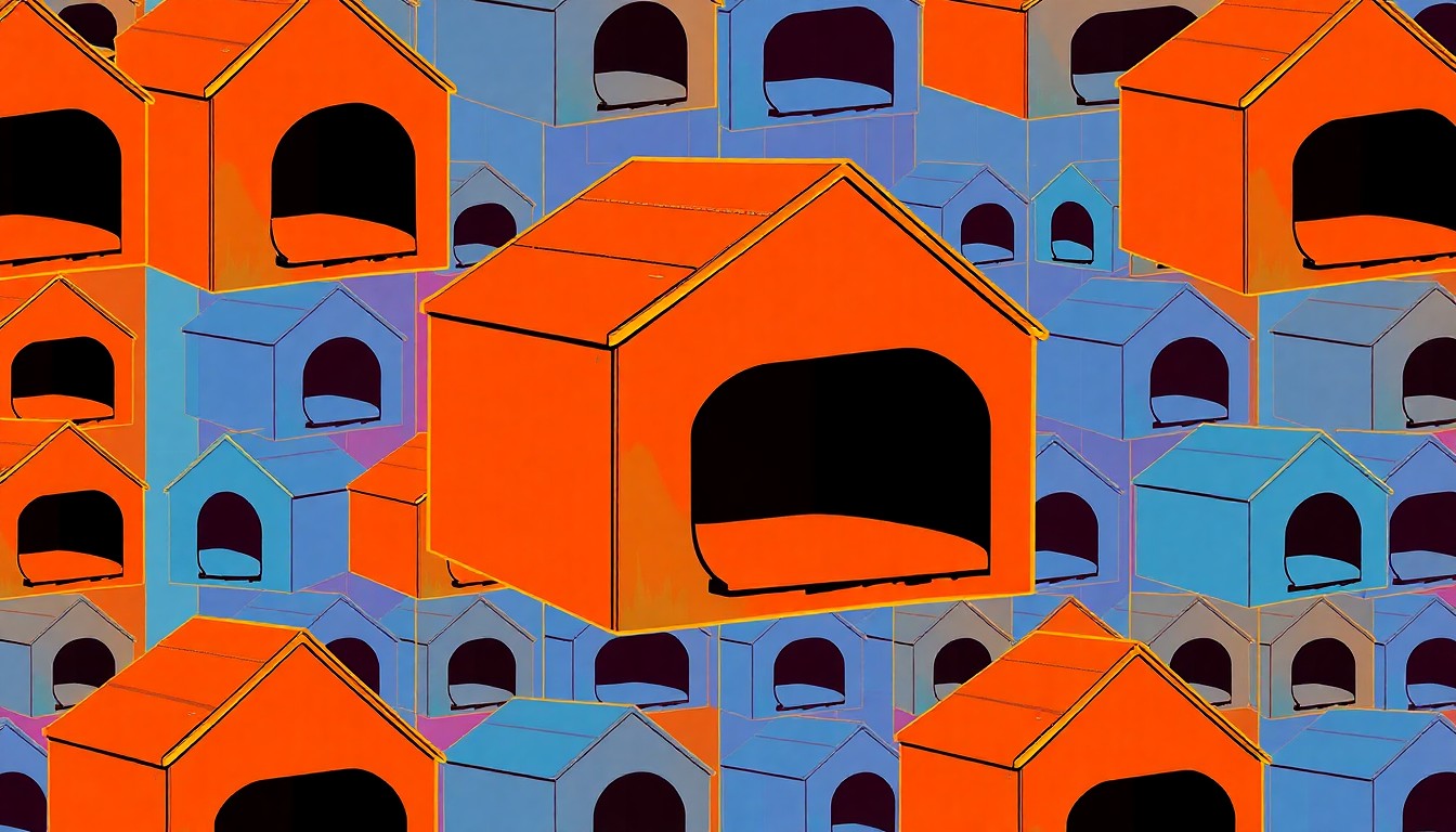 A brightly colored, high-contrast silkscreen print of a single, iconic cat house object repeated in a tight grid pattern, utilizing flat, vibrant, and unnatural neon color palettes overlapping with heavy black photographic outlines to turn the everyday pet accessory into modern pop art.