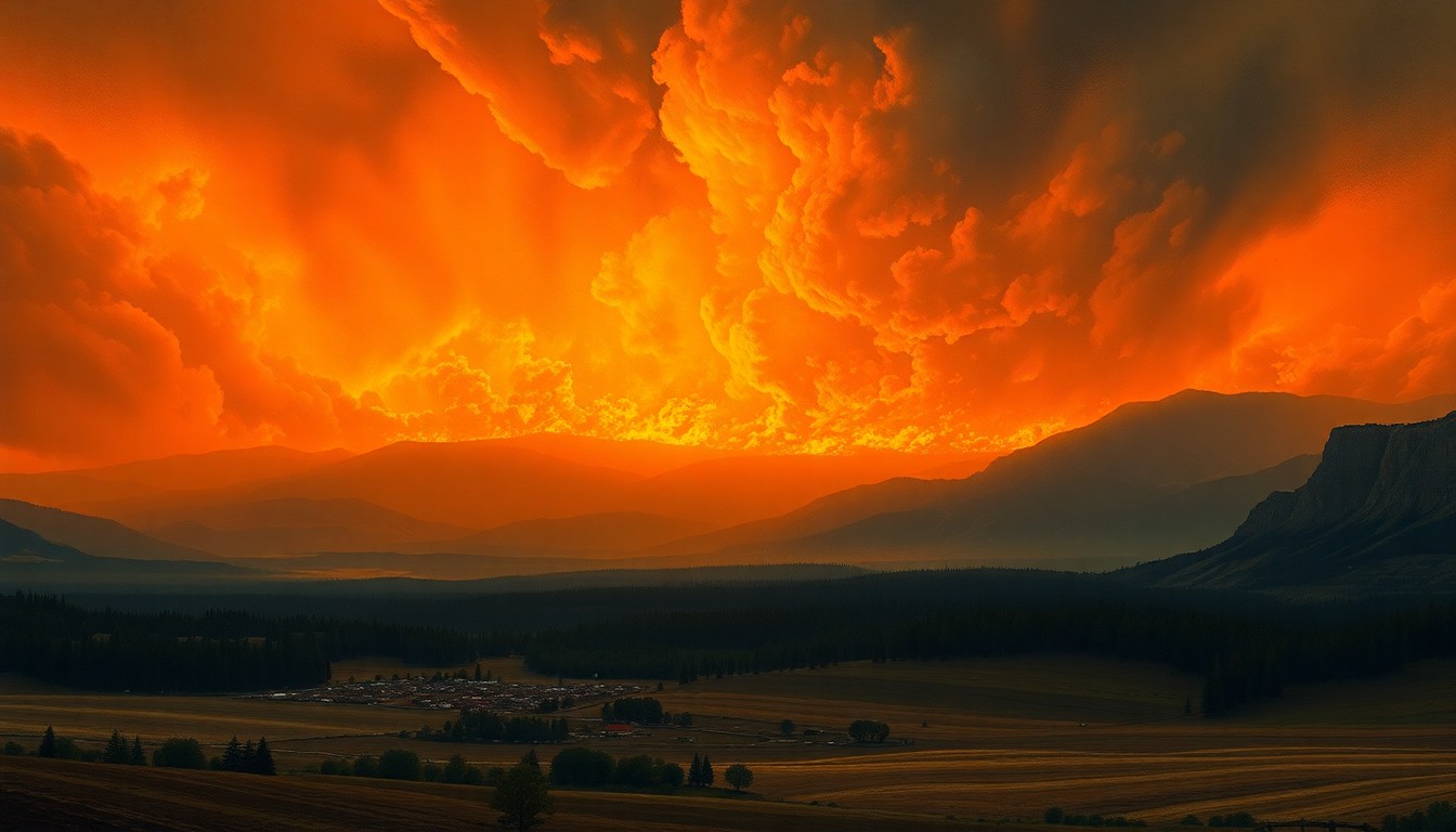 A sweeping, atmospheric landscape painting depicting a small town or rural structures dwarfed by an ominous, fiery horizon, conveying the overwhelming scale and power of an impending wildfire.