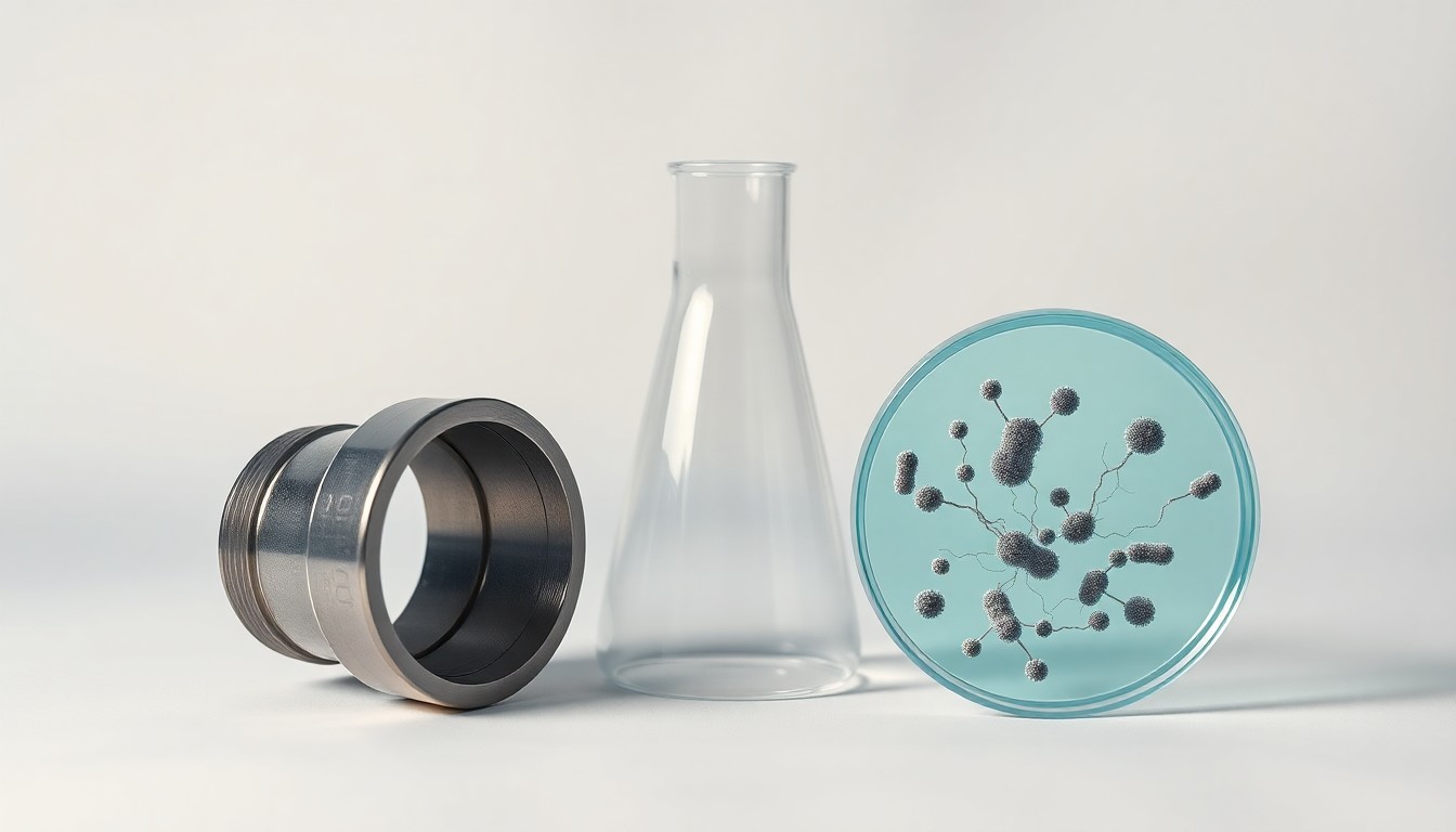 An abstract studio still life featuring a polished metal pipe fitting, a glass beaker, and a petri dish with a sample of flesh-eating bacteria, arranged elegantly on a clean white background to symbolize the complex issues of corporate responsibility, environmental regulation, and public health at the heart of this legal case.