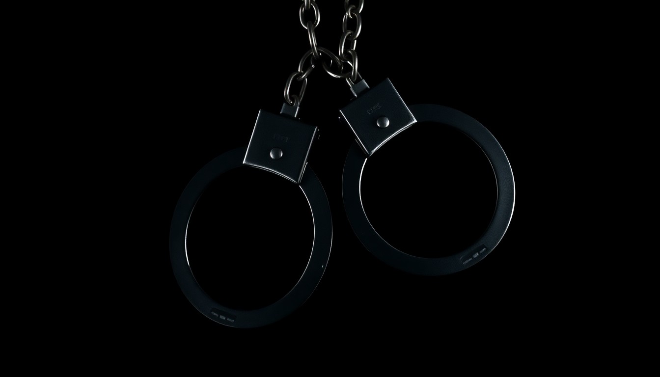 An extreme close-up photograph of a pair of handcuffs against a pitch-black background, capturing the stark, gritty, and investigative nature of this crime story.