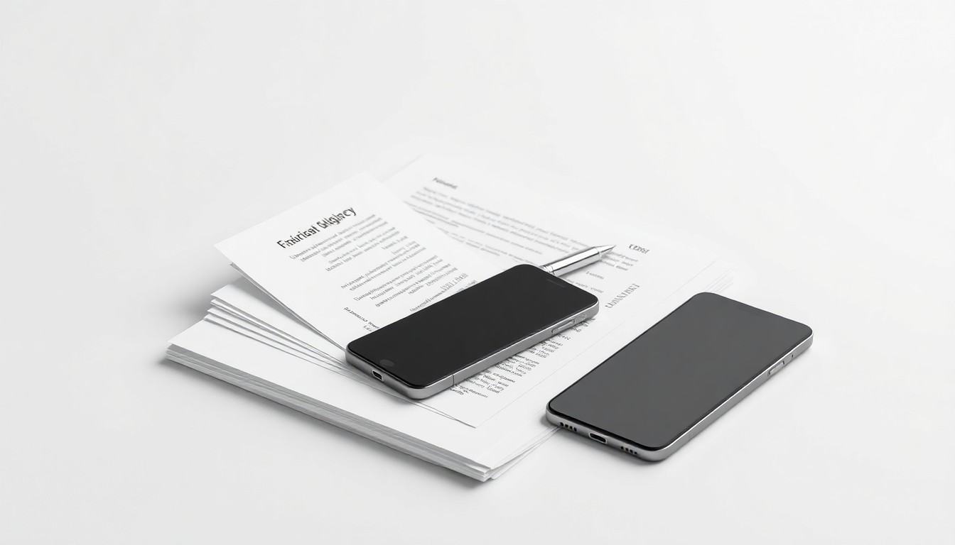 A minimalist studio still life featuring a stack of financial documents, a metal pen, and a modern smartphone, symbolizing the corporate strategy and financial challenges facing Disney amid industry disruption.