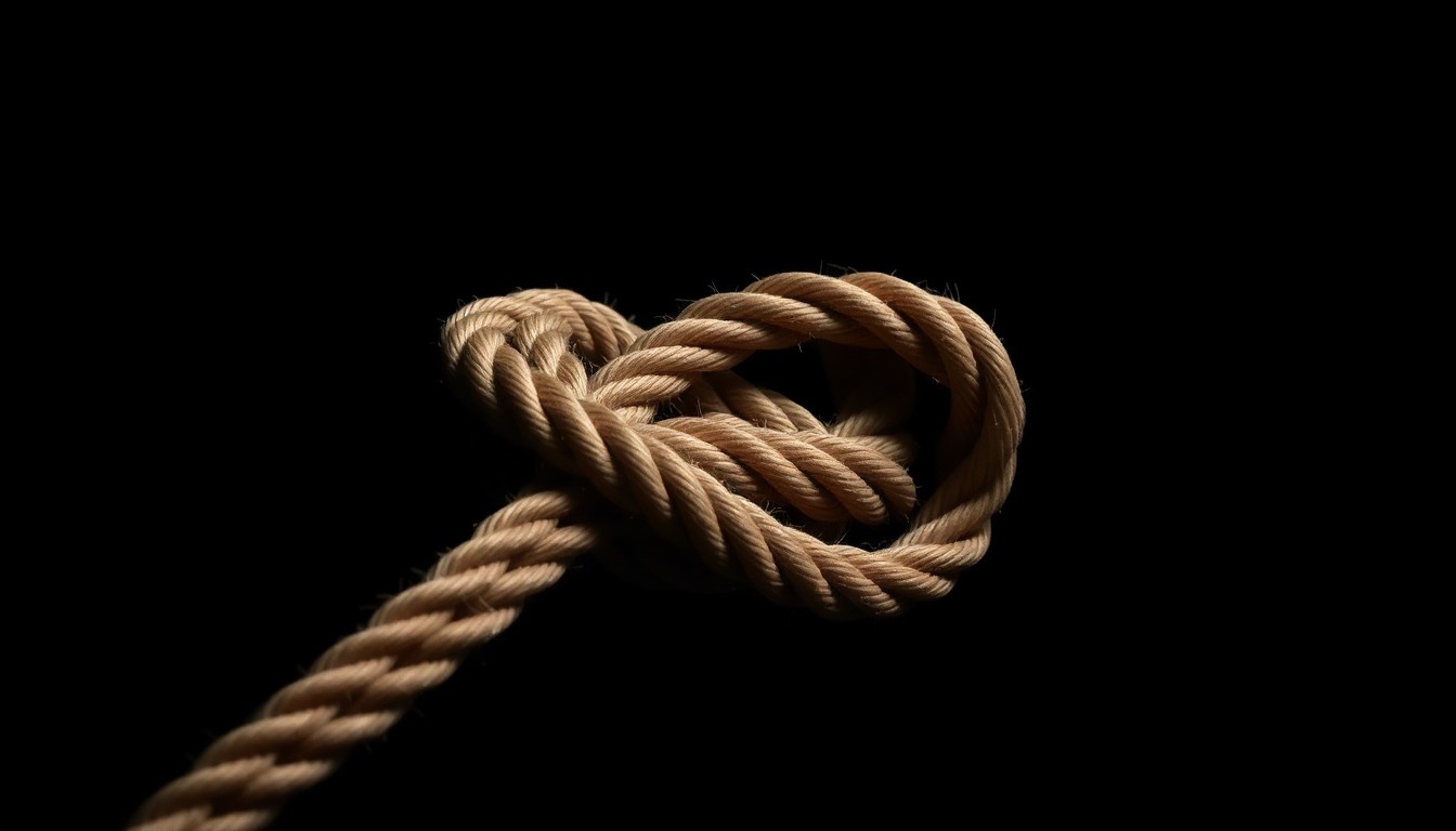 An extreme close-up photograph of a coiled rope against a dark background, lit by a harsh camera flash, conceptually representing the lifeline used by police to rescue a man from a river.