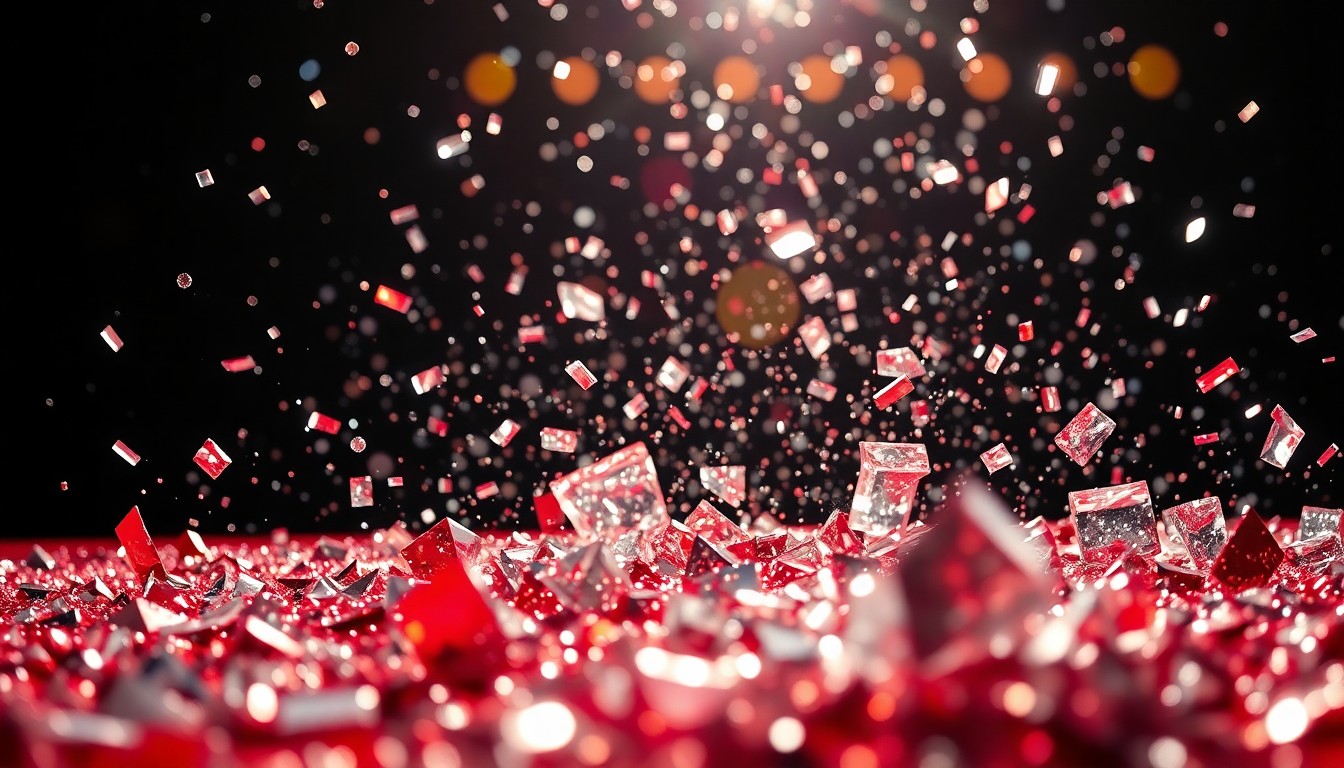 An abstract close-up photograph featuring a dramatic, high-contrast composition of sparkling sequins and shattered glass, conveying the sense of luxury and spectacle associated with a major movie premiere.
