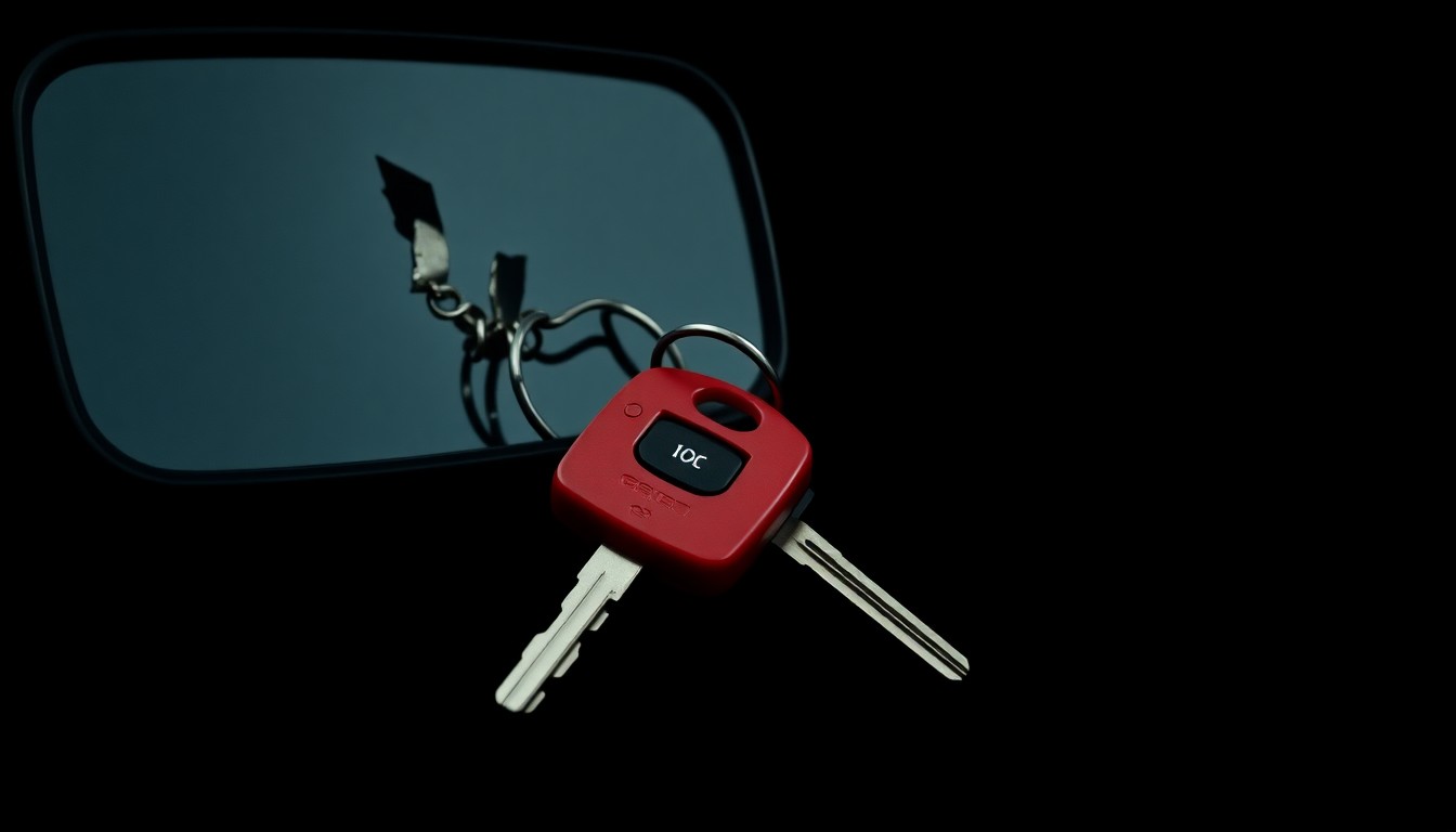 An extreme close-up photograph of a set of car keys and a small, cracked rearview mirror against a pitch-black background, conceptually representing the physical evidence in the Ella Mae Begay disappearance case.