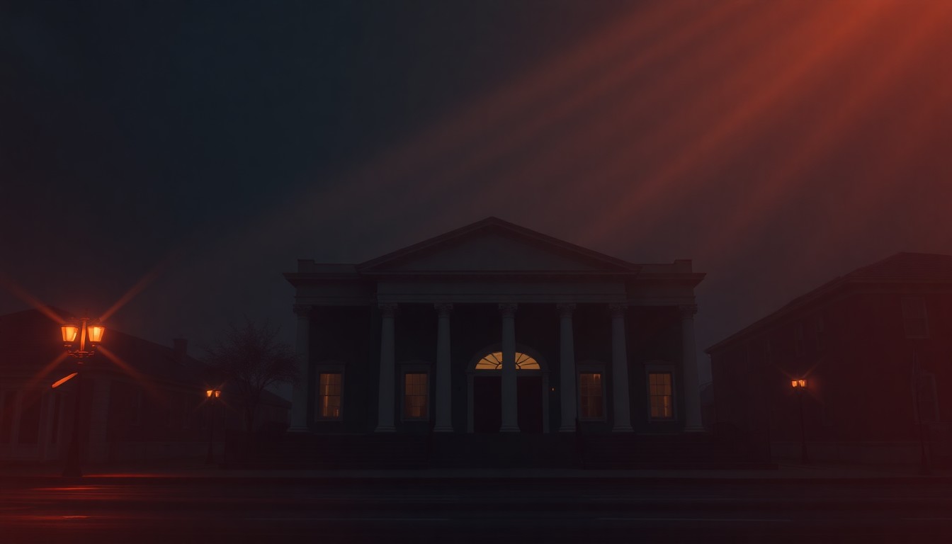 A photorealistic painting of a stately government building in New Orleans, its facade cast in warm, golden light and deep shadows, conveying a sense of quiet contemplation about the political tensions surrounding this case.