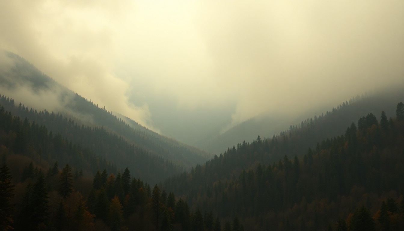 A sweeping landscape painting in muted earth tones, depicting a forested mountainside shrouded in heavy smoke and haze, conveying the power and unpredictability of a controlled burn.
