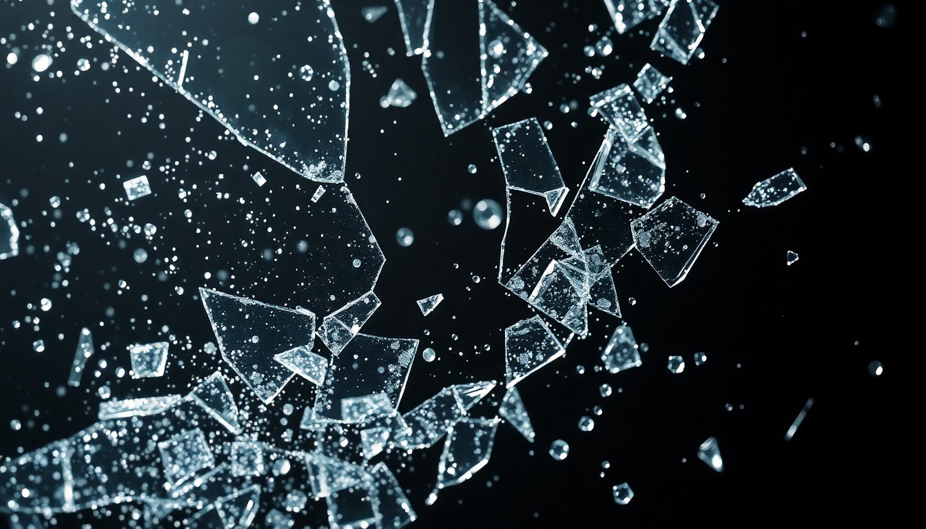 An extreme close-up of shattered glass reflecting bright studio lighting, capturing the high-stakes, glamorous tone of the sci-fi film 'Project Hail Mary'.