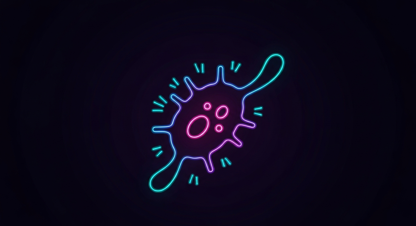 A glowing, neon outline of a microscopic cancer cell against a dark background, conceptually representing the latest breakthroughs in cancer research presented by UCLA scientists.