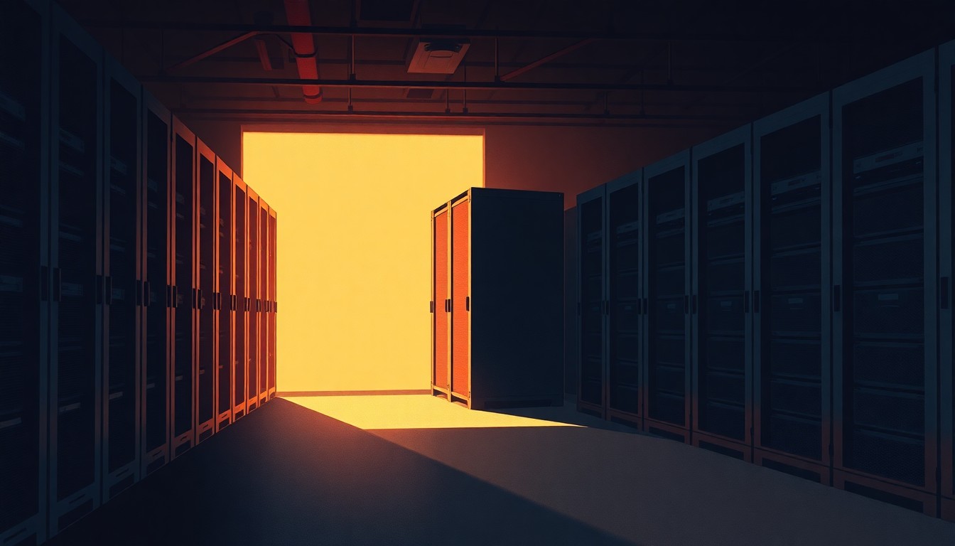 A serene, photorealistic painting of a lone data server rack in a dimly lit room, the warm light filtering through the windows casting dramatic shadows across the scene, conveying a sense of contemplation and the tension between technology and community.