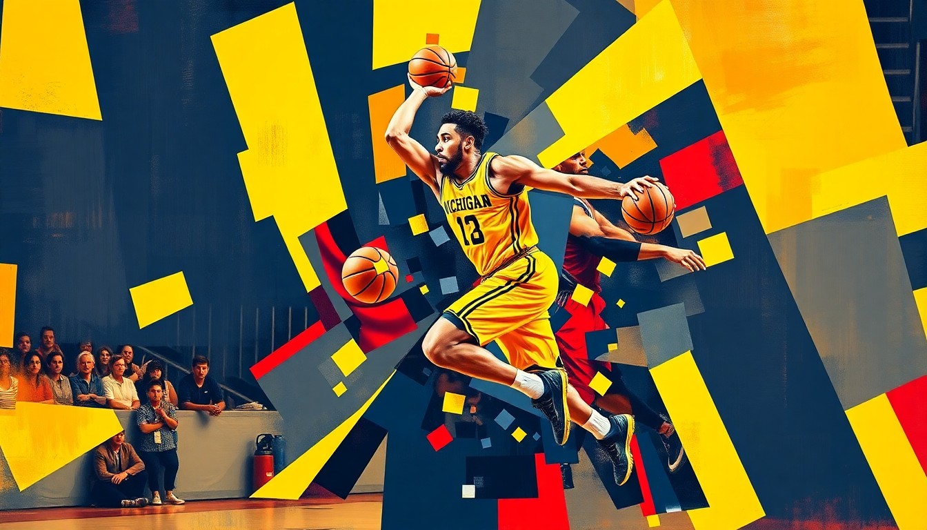 A fractured, multi-perspective painting depicting the dynamic movements and energy of a college basketball player, with sharp geometric planes in the official colors of the Michigan Wolverines.