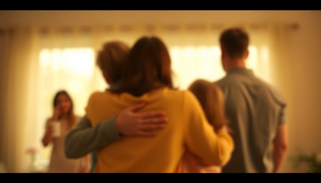 A blurred, atmospheric photograph in soft, earthy tones depicting the indistinct silhouettes of people embracing, conveying a sense of warmth, comfort, and community during a time of grief.