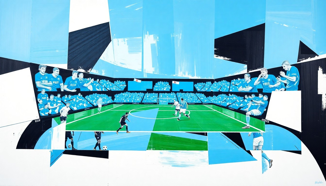 A cubist, geometric painting depicting an Argentine soccer match, with the players and field broken down into overlapping planes of vibrant blue, white, and black shapes.